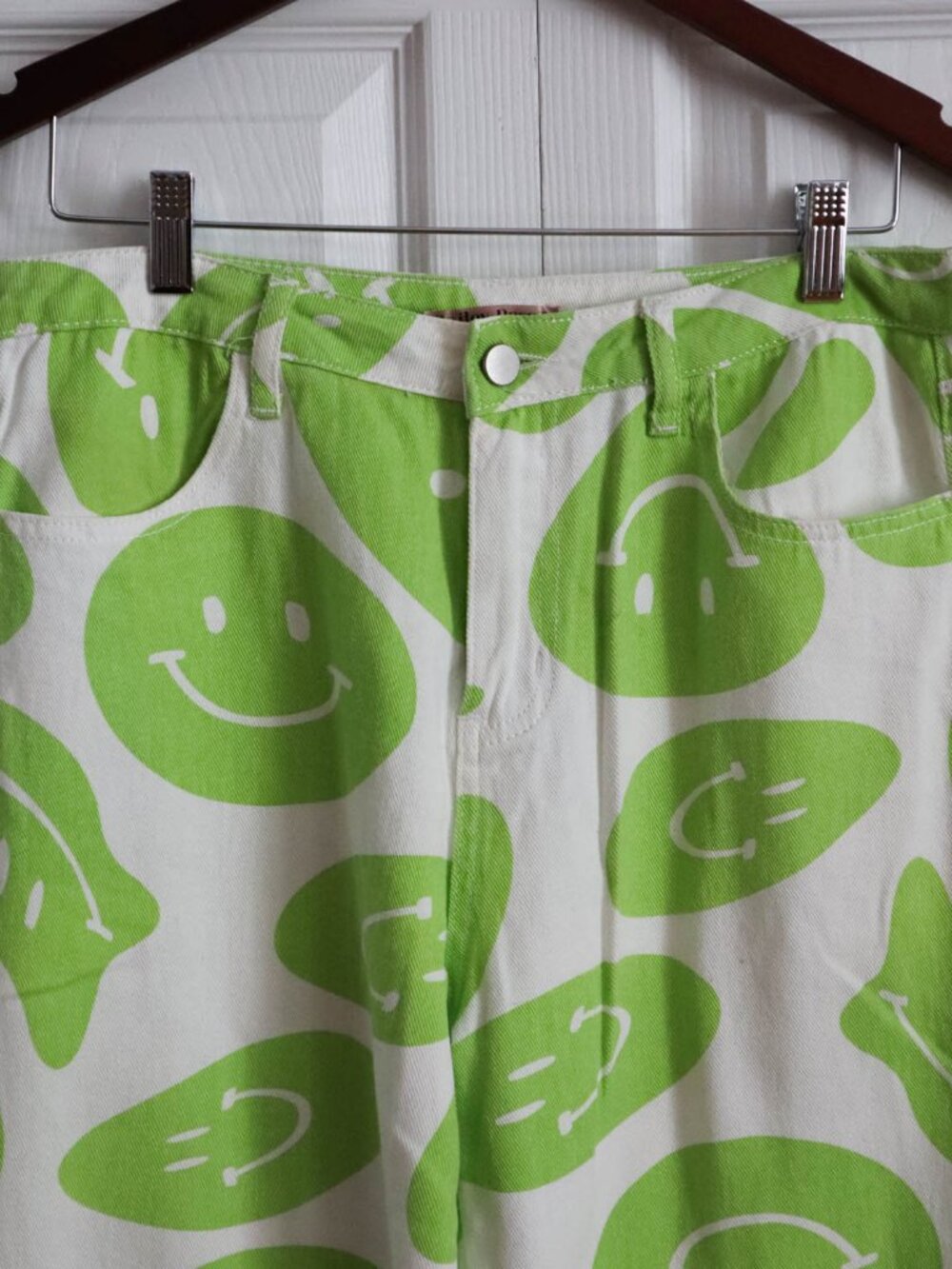 Bailey Rose Smiley Face All Over Print Wide Leg Jeans Pants Sz 12 Large Groovy - Picture 2 of 6